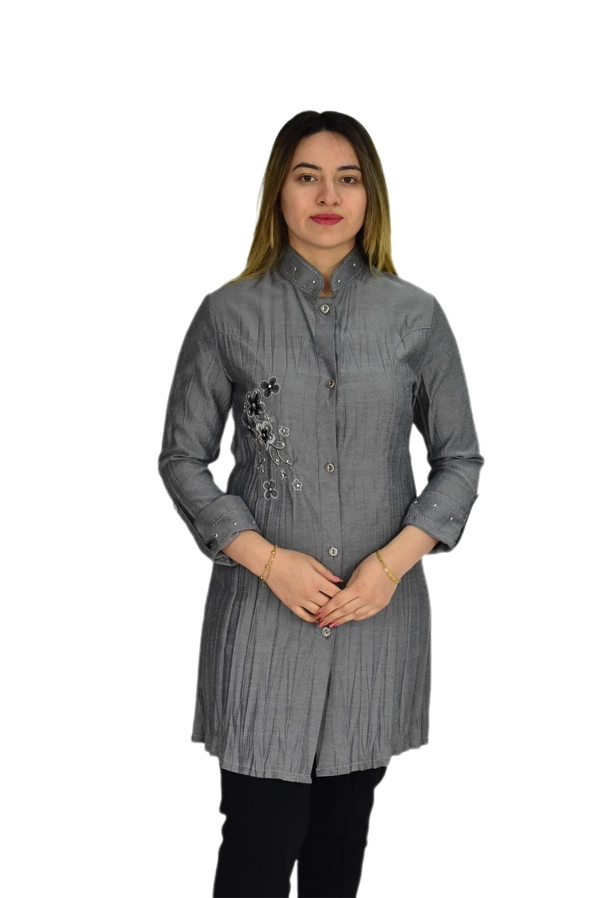 Kadın Nakışlı Hakim Yaka Tunik JNS-3004 GRİ - 40