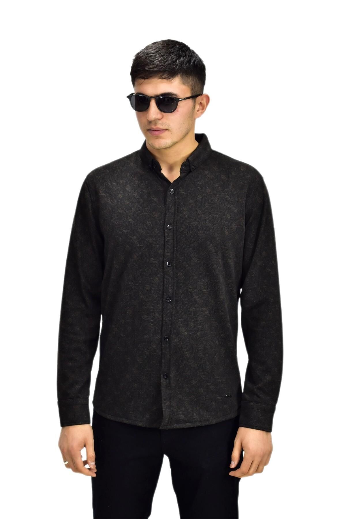Erkek Spor Jakarlı Uzun Kol Gömlek R6520 BGL-ST03204 KAHVE - L