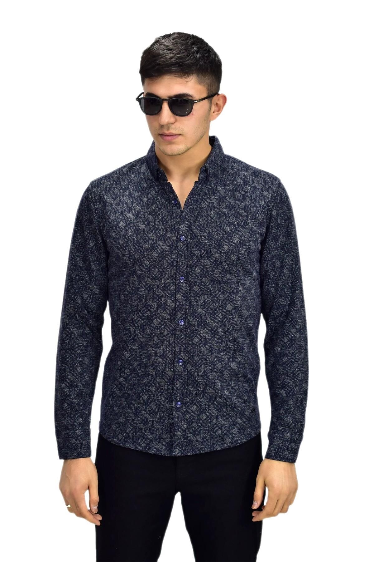 Erkek Spor Jakarlı Uzun Kol Gömlek R6520 BGL-ST03204 LACİVERT - 2XL