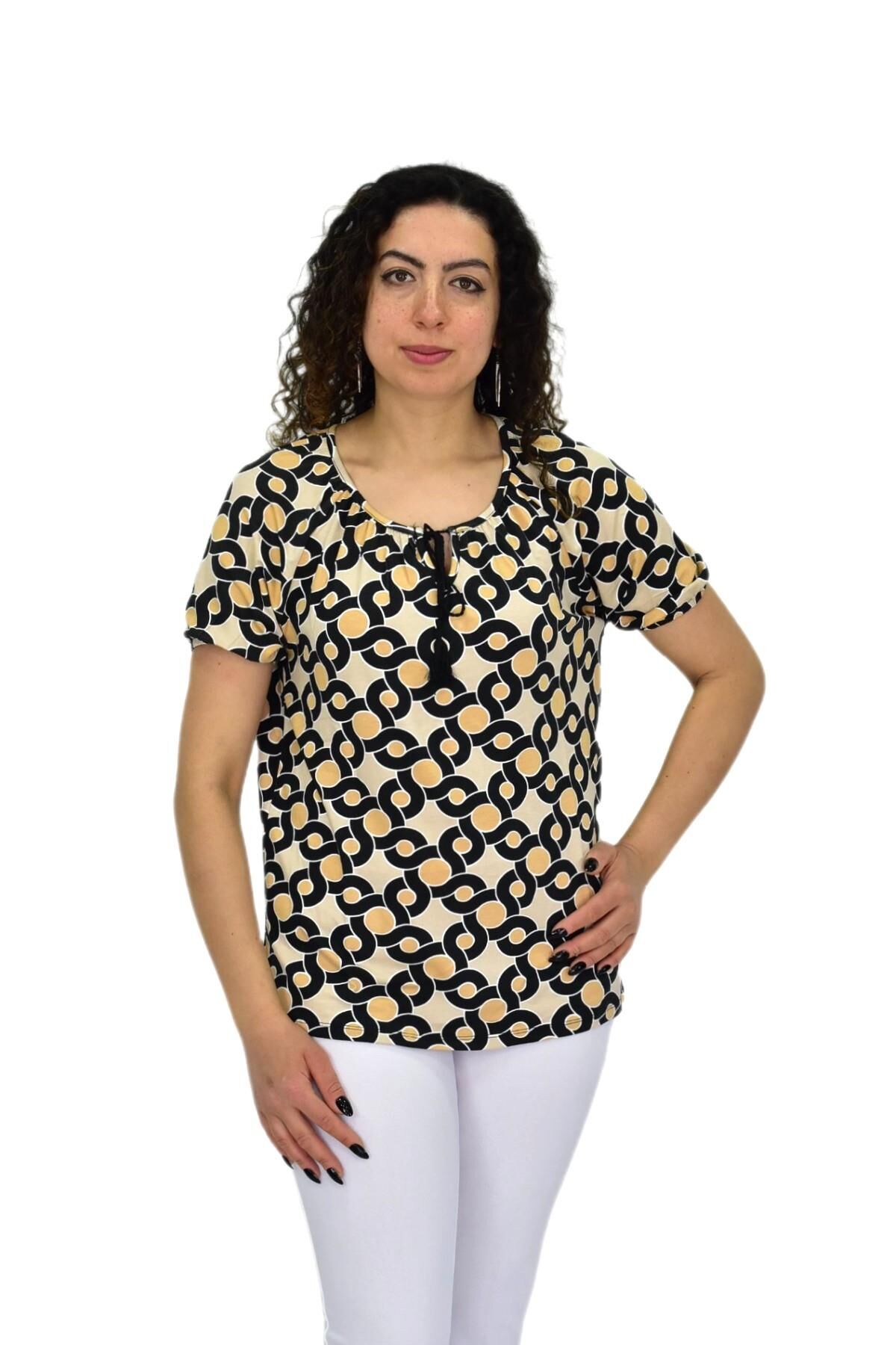 Kadın Kısa Kol Baskılı Bluz BGL-ST04700 BEJ - XL
