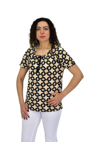Kadın Kısa Kol Baskılı Bluz BGL-ST04700 BEJ - XL