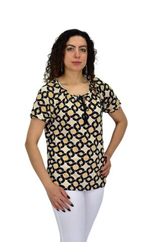 Kadın Kısa Kol Baskılı Bluz BGL-ST04700 BEJ - XL