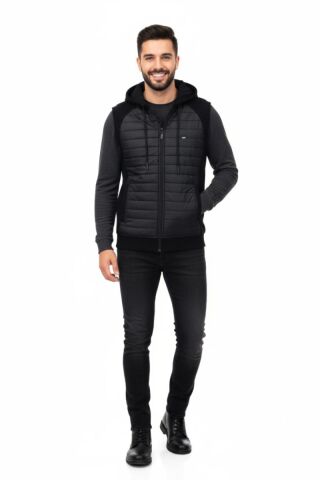 Erkek Kapitone Modelli 3 İplik Kapüşonlu Yelek BGL-ST04866 SİYAH - 2XL