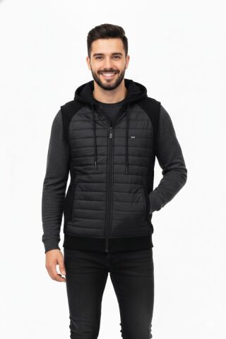 Erkek Kapitone Modelli 3 İplik Kapüşonlu Yelek BGL-ST04866 SİYAH - 2XL