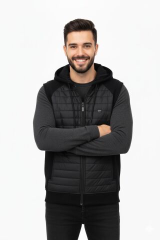 Erkek Kapitone Modelli 3 İplik Kapüşonlu Yelek BGL-ST04866 SİYAH - 2XL