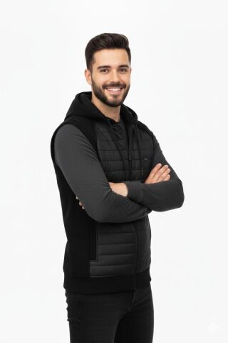 Erkek Kapitone Modelli 3 İplik Kapüşonlu Yelek BGL-ST04866 SİYAH - 2XL