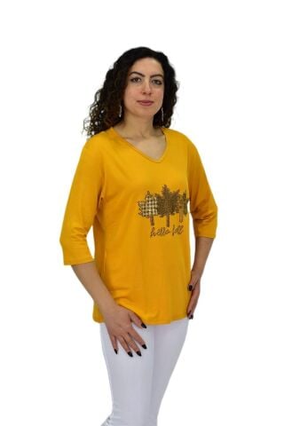 Kadın Kısa Kol Taşlı Bluz BGL-ST04711 HARDAL - M