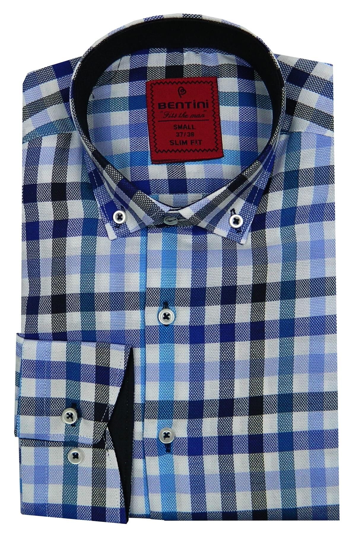 Erkek Slim Fit Ekose Gömlek Bgl-st00089 MAVİ - M