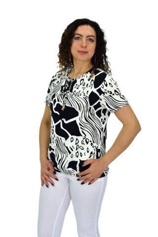 Kadın Kısa Kol Baskılı Bluz BGL-ST04701 SİYAH - L