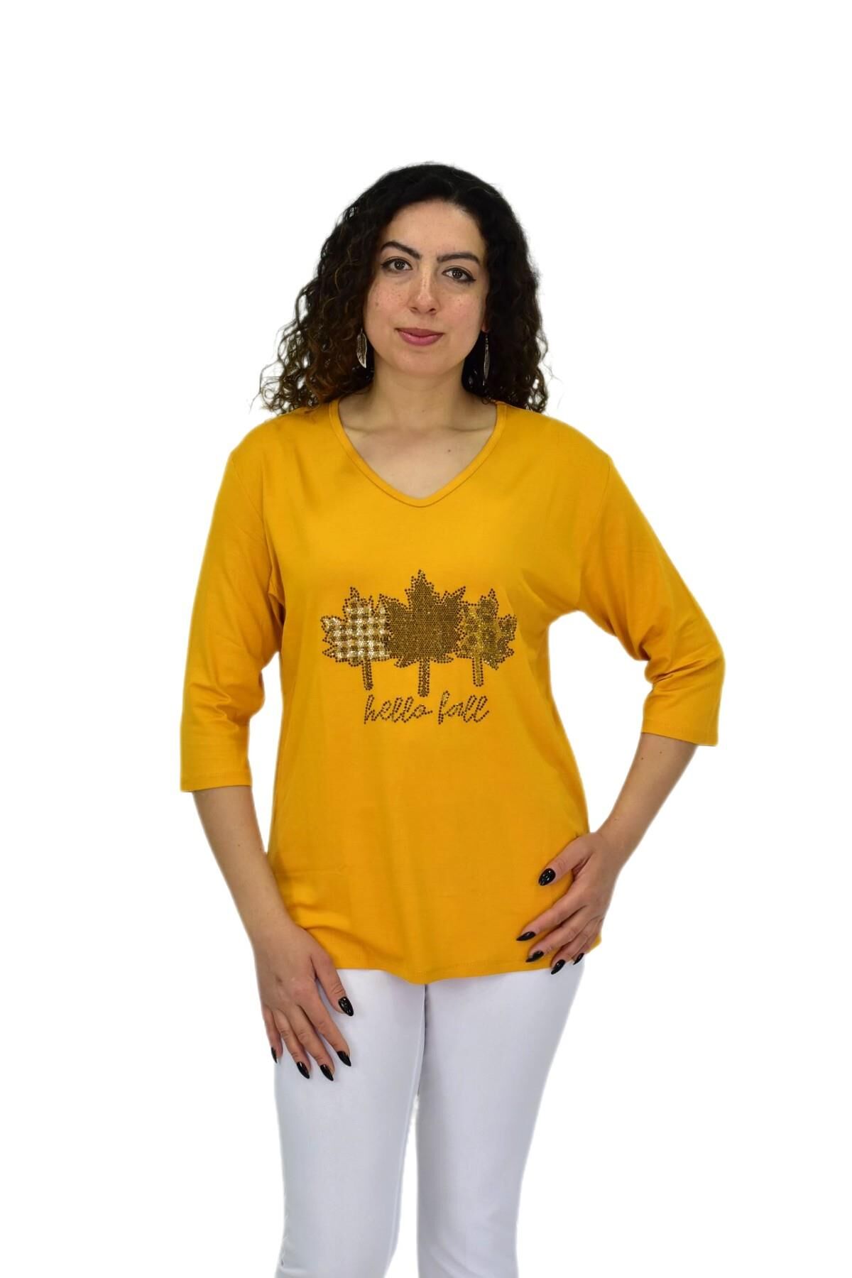 Kadın Kısa Kol Taşlı Bluz BGL-ST04711 HARDAL - 2XL