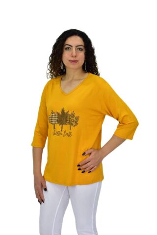 Kadın Kısa Kol Taşlı Bluz BGL-ST04711 HARDAL - 2XL