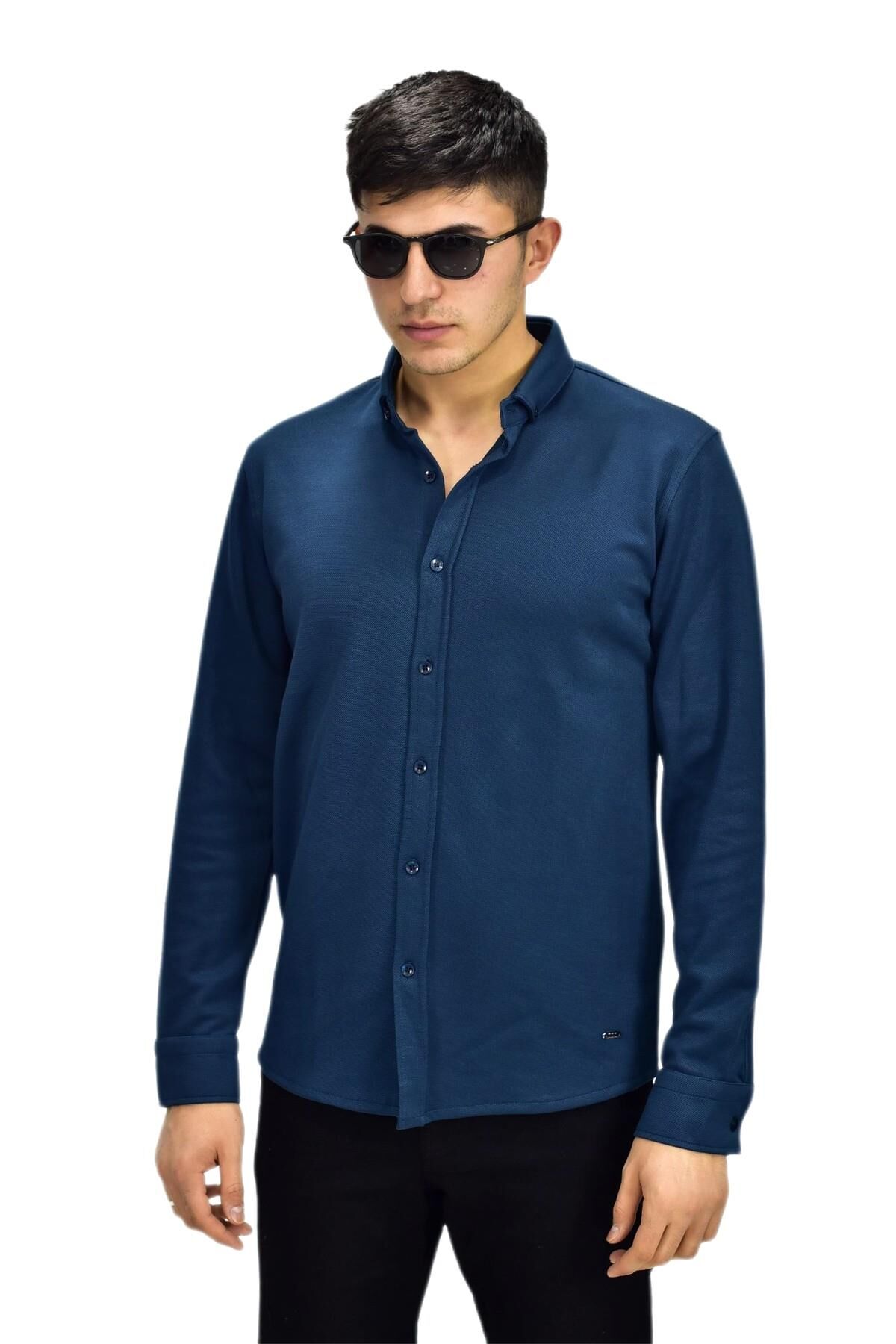 Erkek Spor Jakarlı Uzun Kol Gömlek R6530 BGL-ST03205 PETROL - 2XL