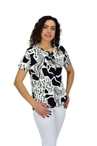 Kadın Kısa Kol Baskılı Bluz BGL-ST04701 SİYAH - XL