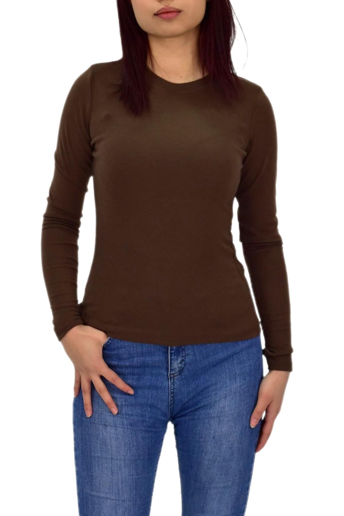 Kadın Düz Renk Vücuda Oturan Uzun Kollu Sweatshirt BGL-ST04209 KAHVE - S