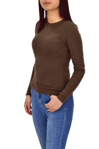 Kadın Düz Renk Vücuda Oturan Uzun Kollu Sweatshirt BGL-ST04209 KAHVE - S