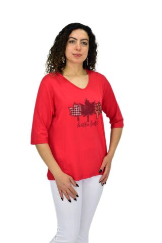 Kadın Kısa Kol Taşlı Bluz BGL-ST04711 KIRMIZI - 2XL