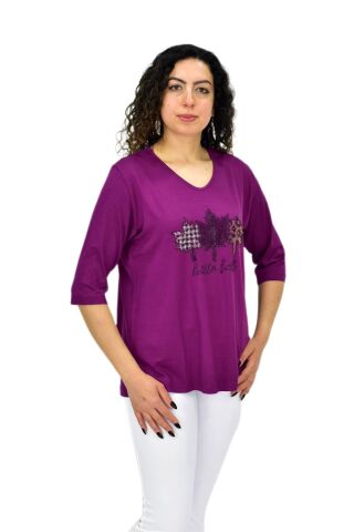 Kadın Kısa Kol Taşlı Bluz BGL-ST04711 MOR - M