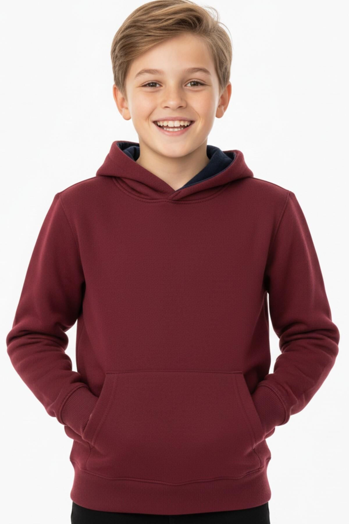 Erkek Çocuk Bordo Kapüşonlu Cepli 3 İplik  Sweatshirt BGL-ST05002 BORDO - 15 YAŞ