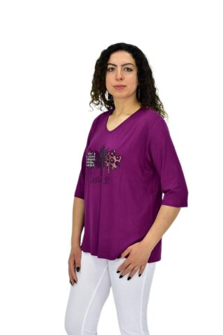 Kadın Kısa Kol Taşlı Bluz BGL-ST04711 MOR - 2XL
