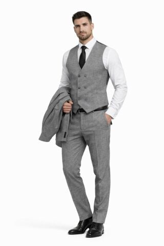 Erkek Silim Fit Yelekli Çift Yırtmaçlı Takım Elbise BGL-ST05329