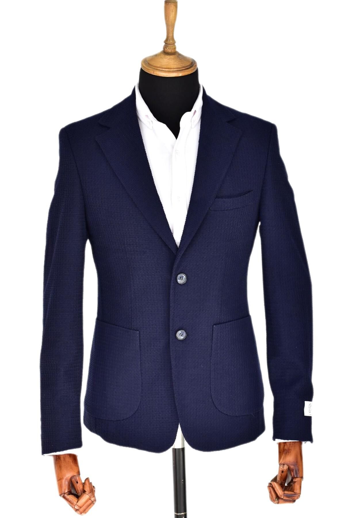 Erkek Tek Spor Ceket Çift Yırtmaçlı Gofre BGL-ST03587 LACİVERT - 48