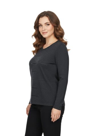 Kadın Yumoş Taşlı V Yaka Bluz BGL-ST05144 ANTRASİT - XL