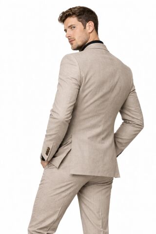 Erkek Silim Fit Yelekli Çift Yırtmaçlı Takım Elbise BGL-ST05329 BEJ - 50