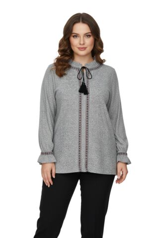 Kadın Yumoş Yaka Bağcıklı Kol Valonlu Modelli Bluz BGL-ST05141