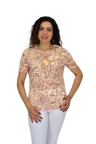Kadın Kısa Kol Baskılı Bluz BGL-ST04703 TURUNCU - 2XL