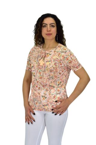 Kadın Kısa Kol Baskılı Bluz BGL-ST04703 TURUNCU - 2XL