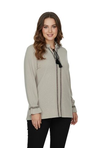 Kadın Yumoş Yaka Bağcıklı Kol Valonlu Modelli Bluz BGL-ST05141 BEJ - L