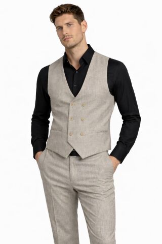 Erkek Silim Fit Yelekli Çift Yırtmaçlı Takım Elbise BGL-ST05329 BEJ - 58
