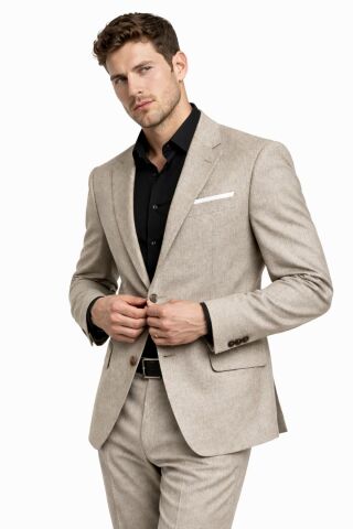 Erkek Silim Fit Yelekli Çift Yırtmaçlı Takım Elbise BGL-ST05329 BEJ - 58