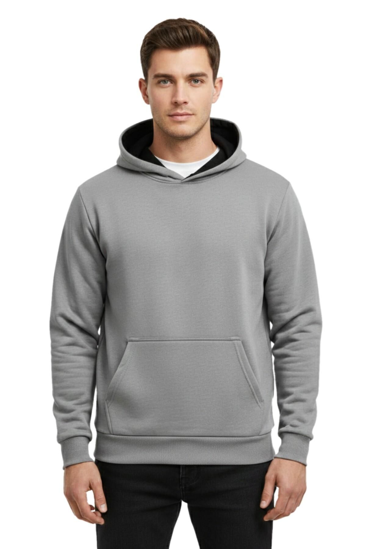 Erkek Gri Kapüşonlu Sweatshirt BGL-ST05196 GRİ - M