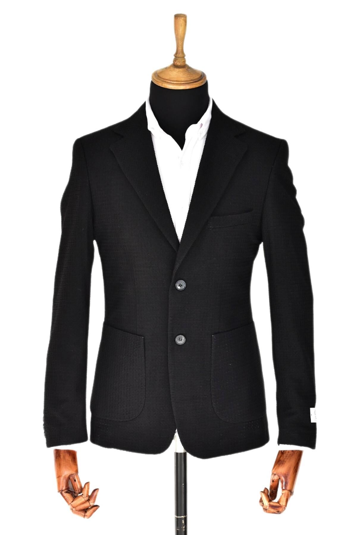 Erkek Tek Spor Ceket Çift Yırtmaçlı Gofre BGL-ST03587 SİYAH - 48