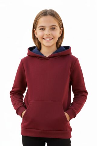Kız Çocuk Bordo Kapüşonlu Cepli 3 İplik Sweatshirt BGL-ST04998 BORDO - 14 YAŞ