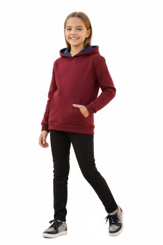 Kız Çocuk Bordo Kapüşonlu Cepli 3 İplik Sweatshirt BGL-ST04998 BORDO - 14 YAŞ