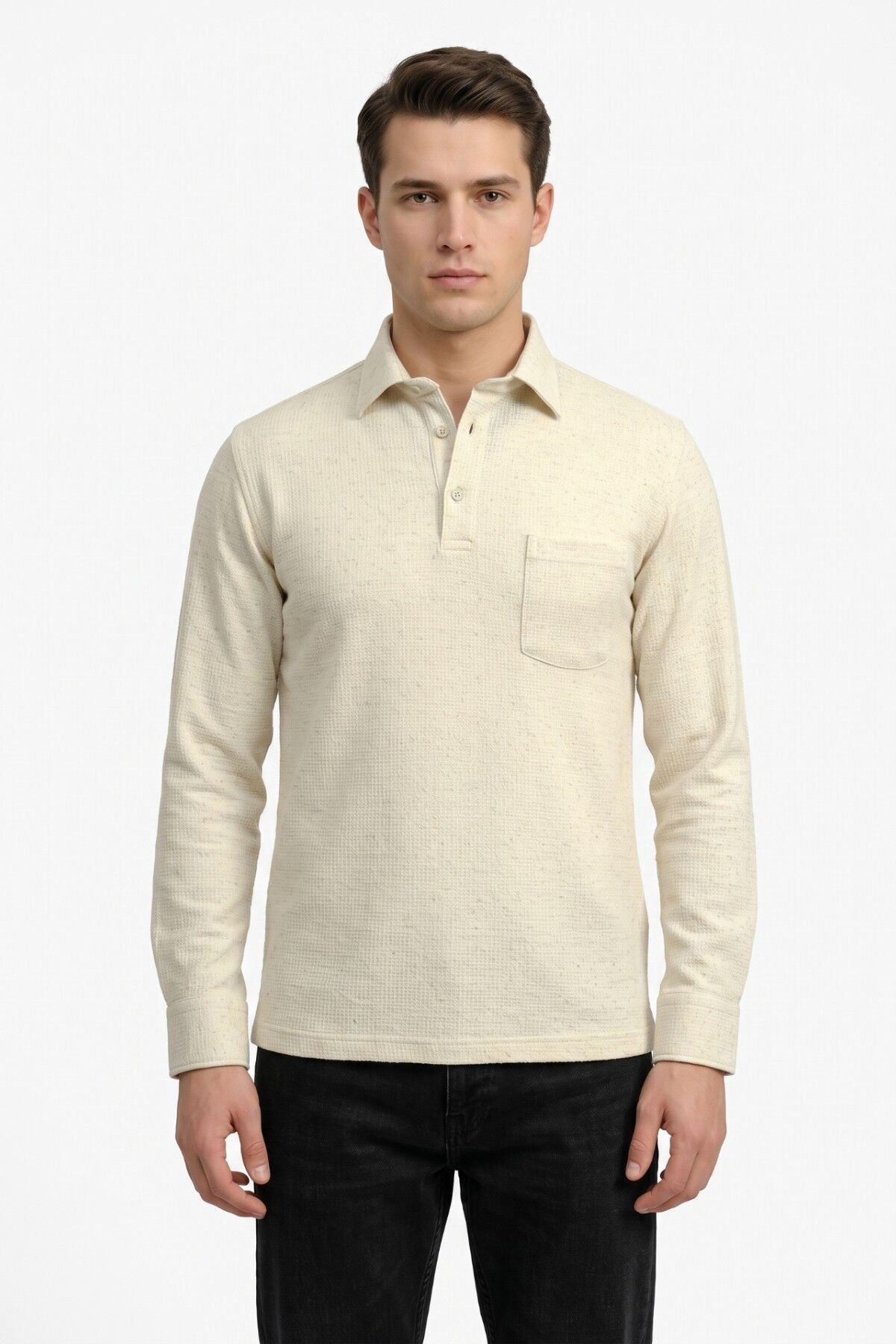 Erkek Gömlek Yaka Cepli Klasik Kalıp Sweatshirt 5304 BGL-ST05540 BEJ - XL