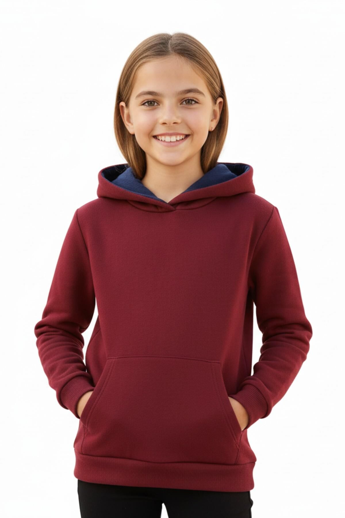 Kız Çocuk Bordo Kapüşonlu Cepli 3 İplik Sweatshirt BGL-ST04998 BORDO - 15 YAŞ