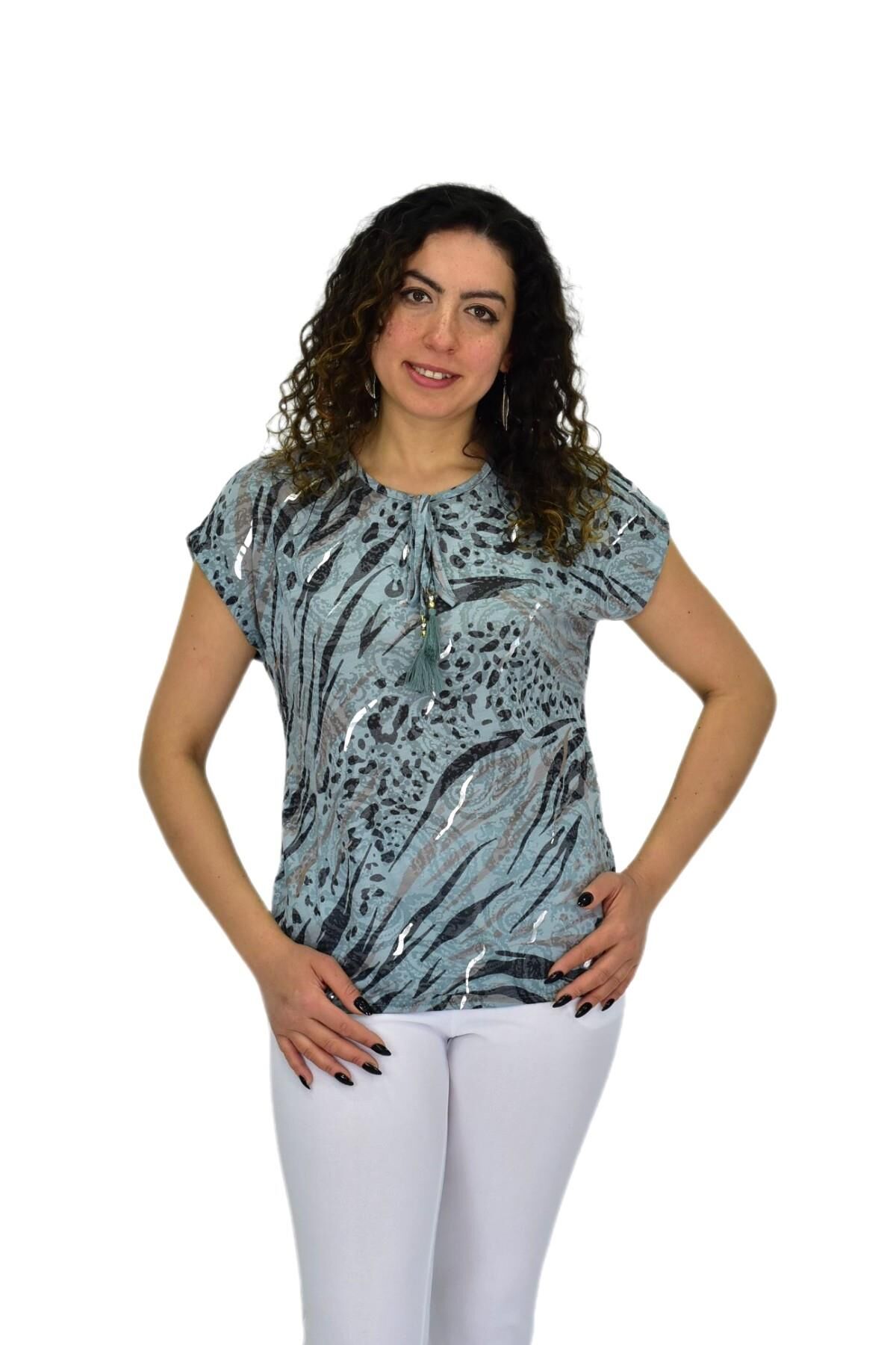 Kadın Kısa Kol Baskılı Bluz BGL-ST04706 MİNT-YEŞİLİ - XL
