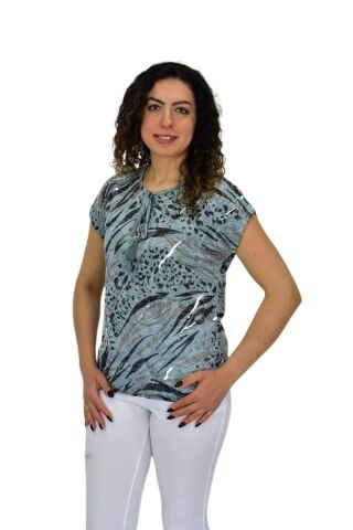 Kadın Kısa Kol Baskılı Bluz BGL-ST04706 MİNT-YEŞİLİ - XL