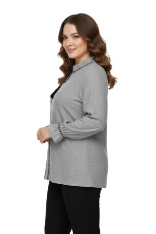 Kadın Yumoş Yaka Bağcıklı Kol Valonlu Modelli Bluz BGL-ST05141 GRİ - L