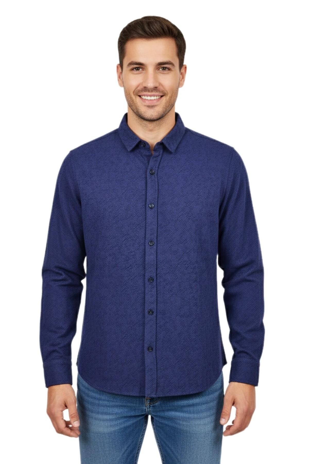 Erkek Spor Silim Fit Dokuma Gömlek BGL-ST04946 İNDİGO - L