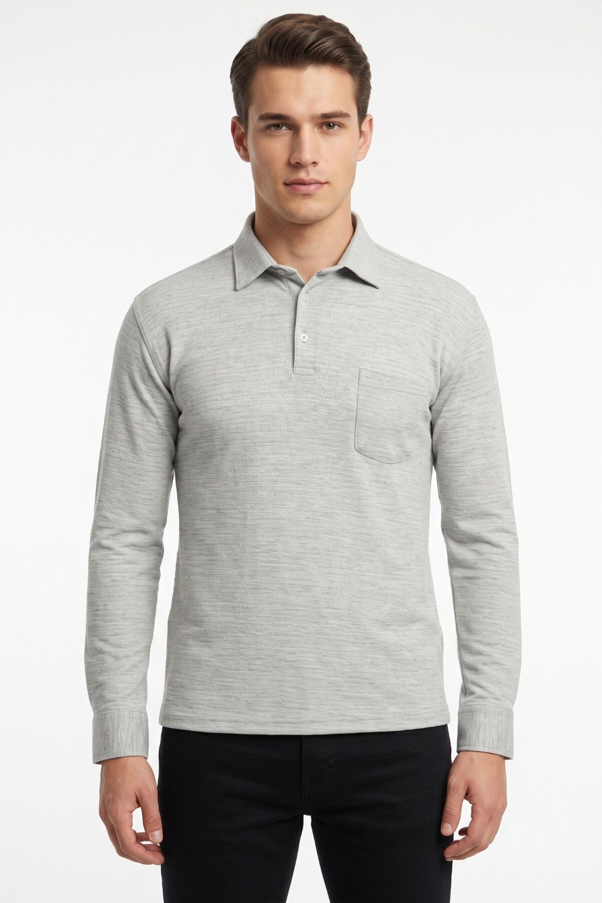 Erkek Gömlek Yaka Cepli Klasik Kalıp Sweatshirt 5304 BGL-ST05540 GRİ - L