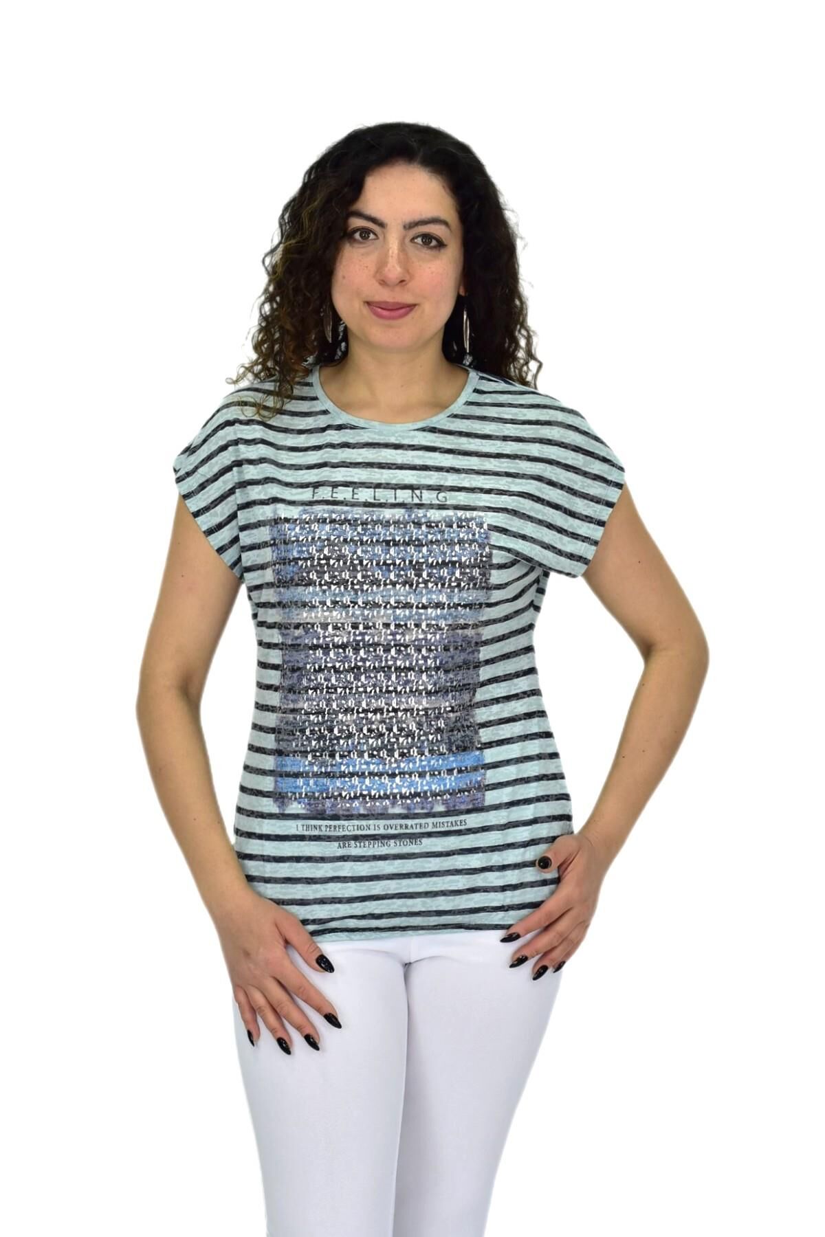 Kadın Kısa Kol Baskılı Bluz BGL-ST04707 ELMA - L