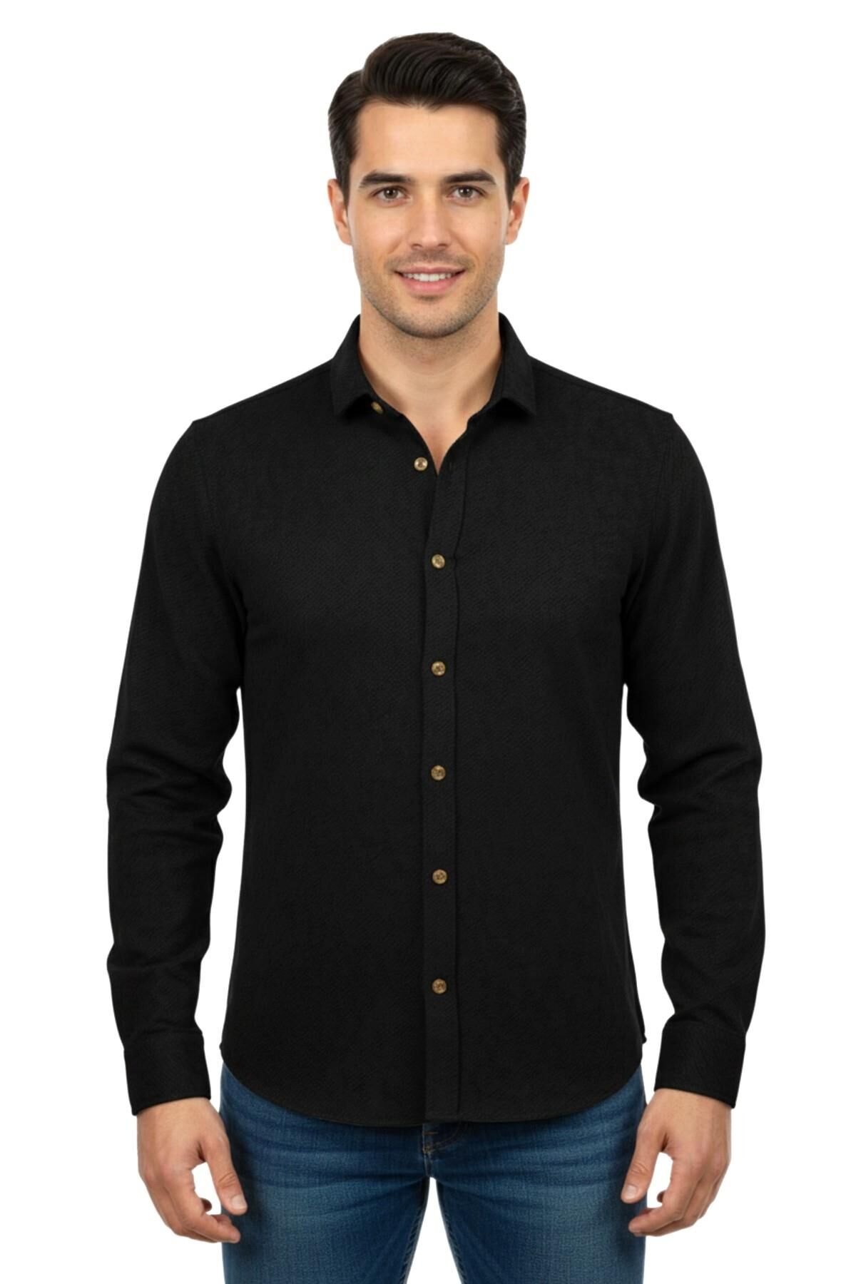 Erkek Spor Silim Fit Dokuma Gömlek BGL-ST04946 SİYAH - XL