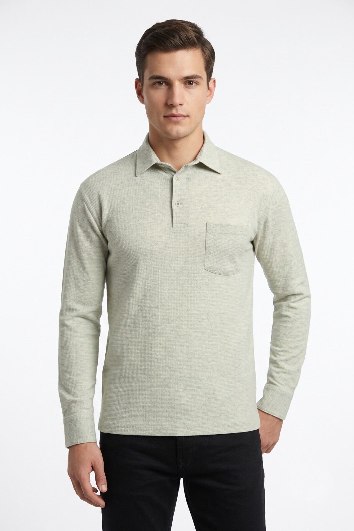 Erkek Gömlek Yaka Cepli Klasik Kalıp Sweatshirt 5304 BGL-ST05540 YEŞİL - L