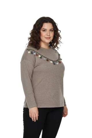 Kadın Yumoş Önü Püsküllü Modelli Bluz BGL-ST05142 VİZON - L