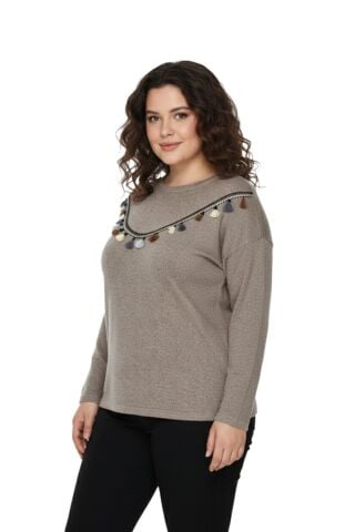 Kadın Yumoş Önü Püsküllü Modelli Bluz BGL-ST05142 VİZON - XL