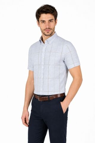 Erkek Ekose Klasik Tek Cepli Kısa Kol Gömlek BGL-ST05570 MAVİ - M